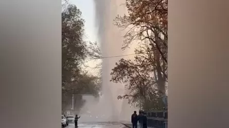 Огромный фонтан воды взмыл вверх из-за прорыва трубопровода в Алматы
