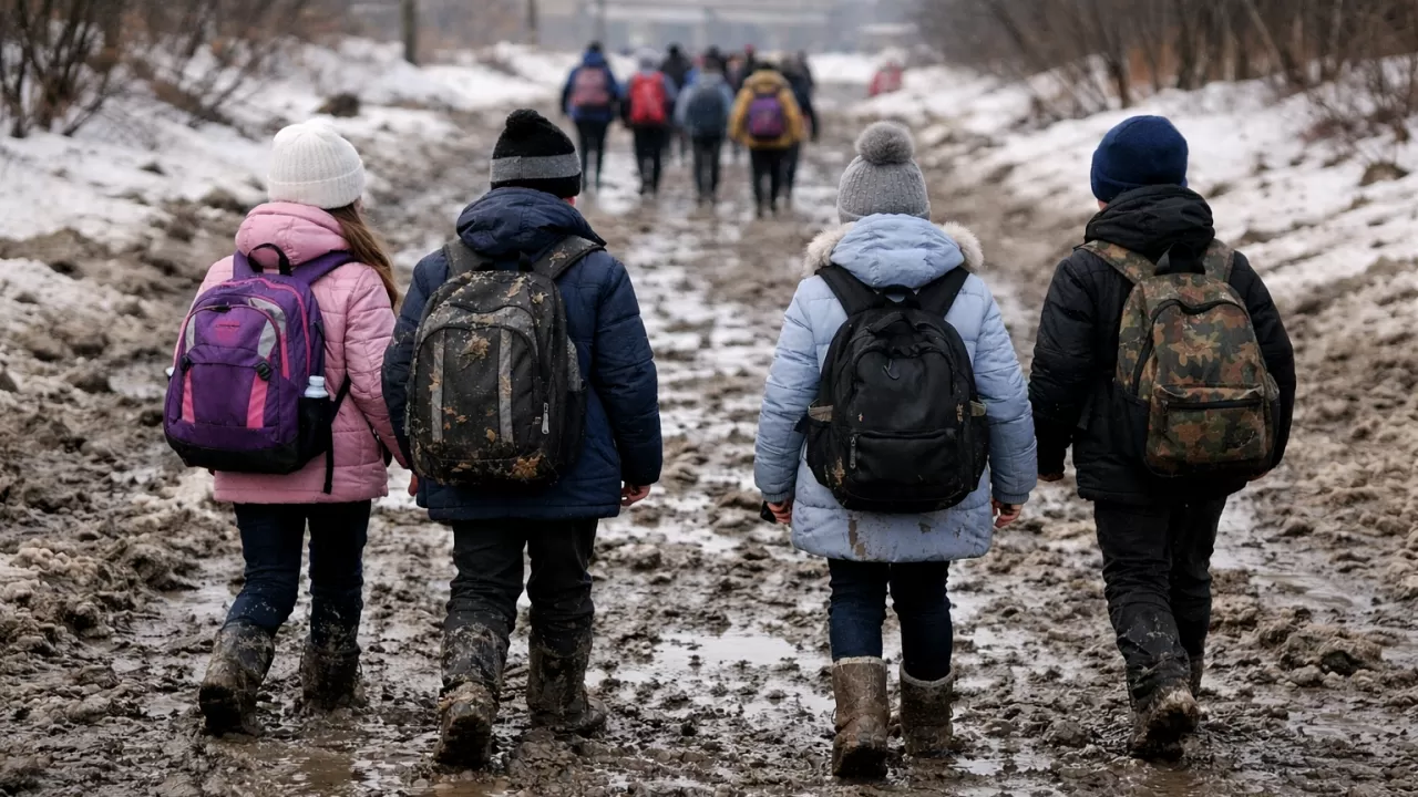 Под Алматы из-за бездорожья школьники тонут в грязи