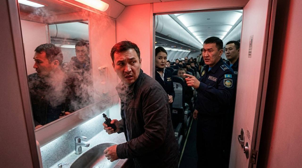 Астанада ұшақ дәретханасында вейп шеккен шетелдік рейстен түсірілді